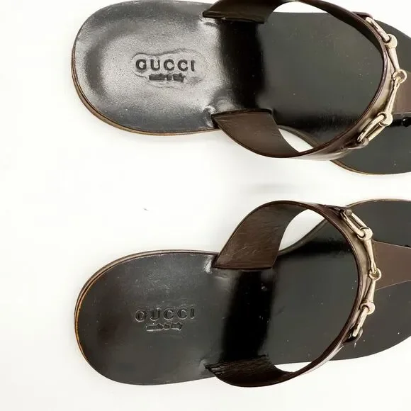 Gucci Horsebit Sandals Flat Slides Brown Leather EU 38 US 8 - Picture 7 of 13
